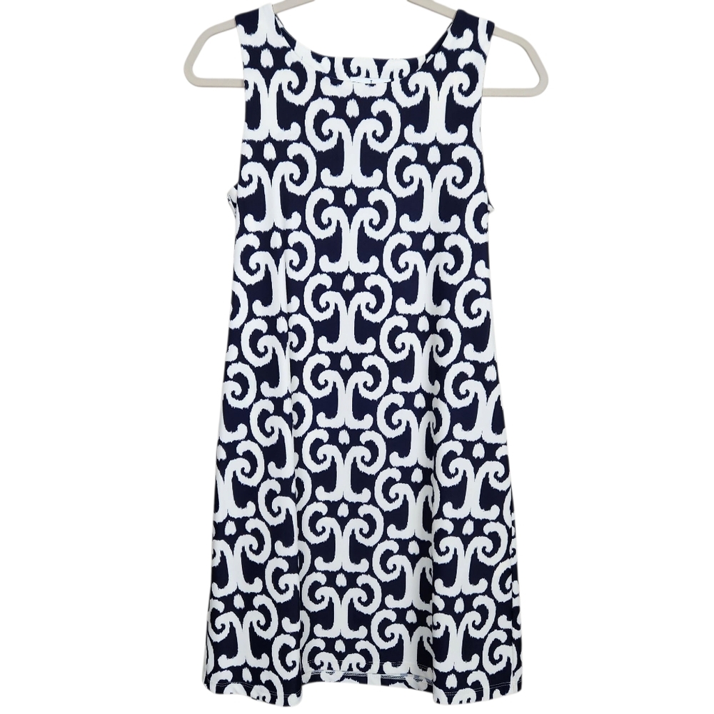 Jude Connally Melody Shift Dress Sleeveless Navy White Ikat Womens Size Small